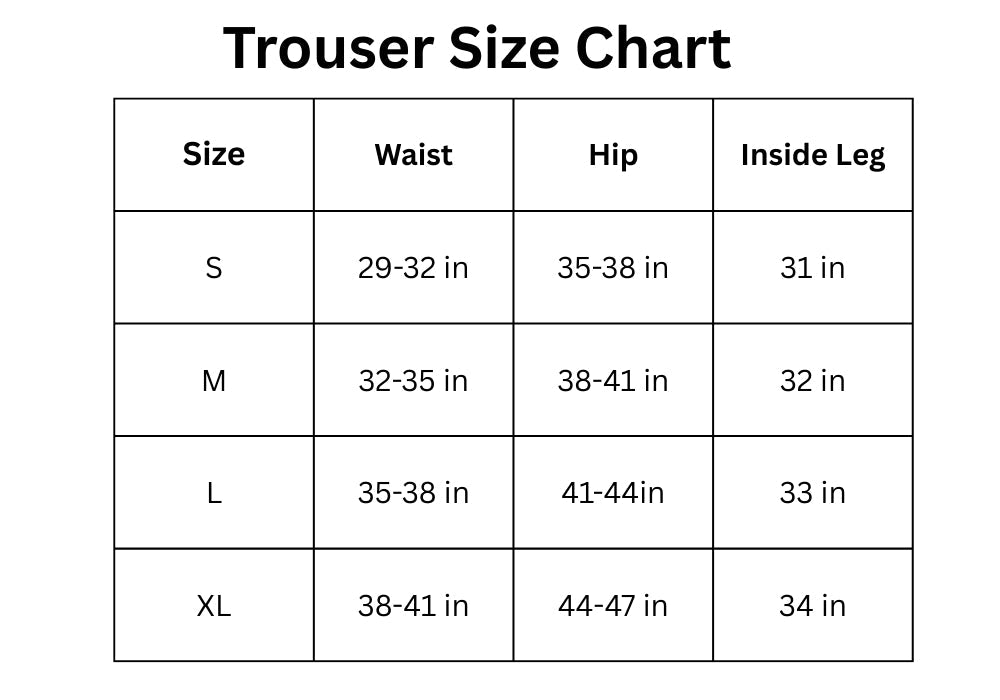 Trouser size chart with waist, hip, and inside leg measurements for sizes S, M, L, and XL.